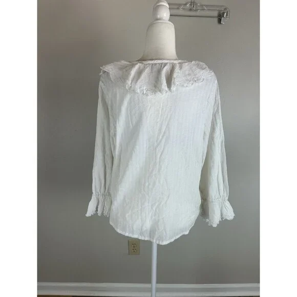 Womens Top M Poet Ruffle Neck Romantic Pirate Bell Sleeve White Boho Renaissance - Picture 6 of 6